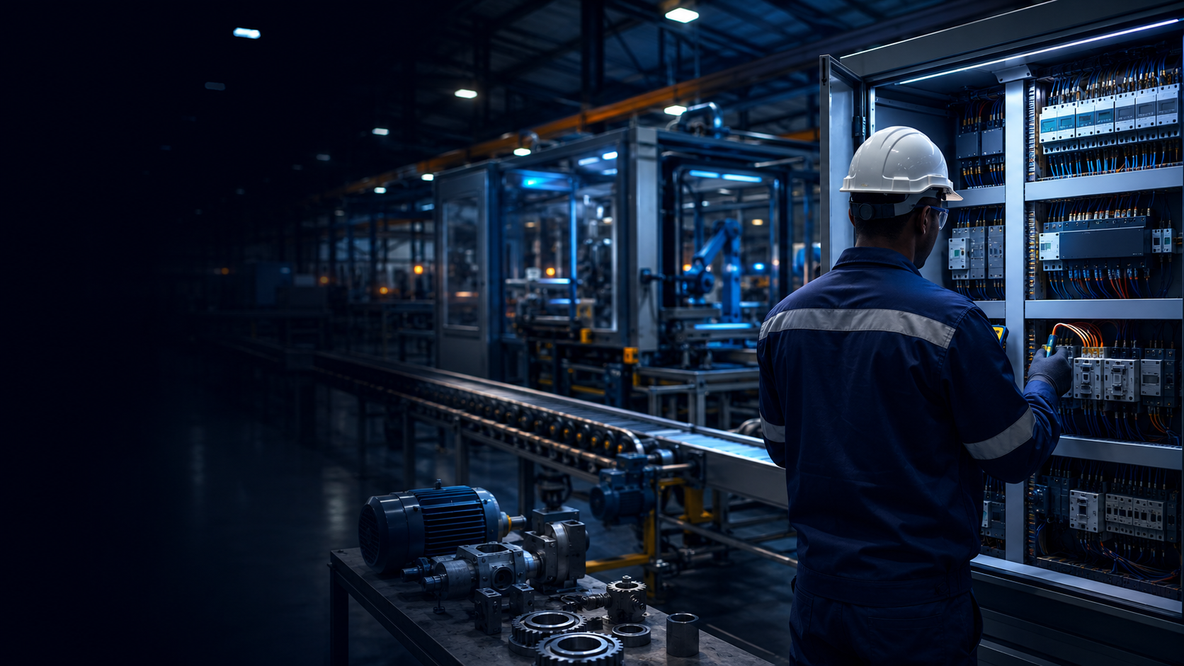 Técnico de automação numa fábrica moderna